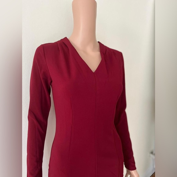 New Solid Red Elegant Long Sleeve V Neck Office Cocktail Party Dress, Small - Picture 6 of 10